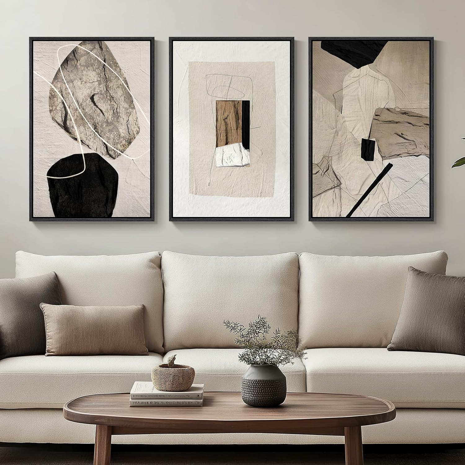 Ensemble de 3 tableaux abstraits neutres encadrés sur toile, style moderne, minimalistes, noirs et beiges, pour décorer les murs de votre salon, couloir, escalier, chambre ou bureau (40 x 60 cm).